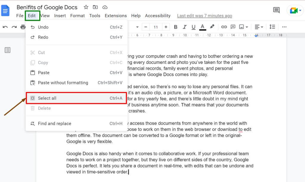 Select all in edit in Google Docs