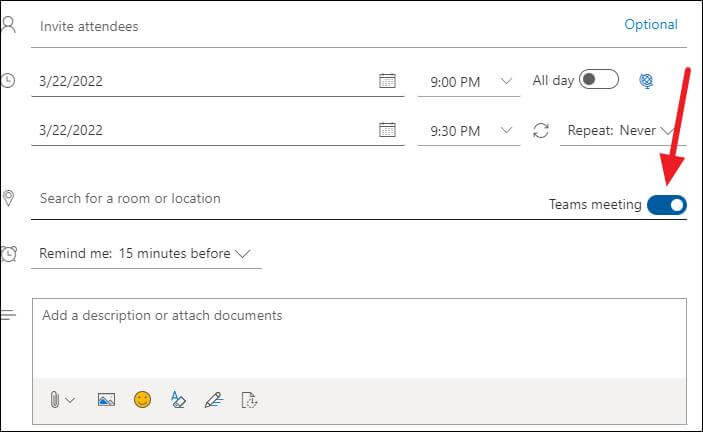 switch on the toggle for Teams Meeting in outlook website
