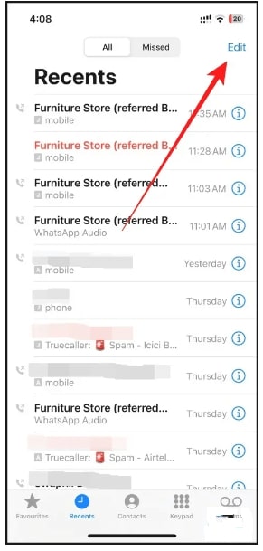 click edit to remove whatsapp calls in iphone call log