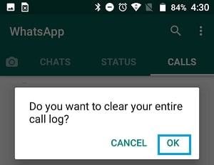 confirm clear call log whatsapp